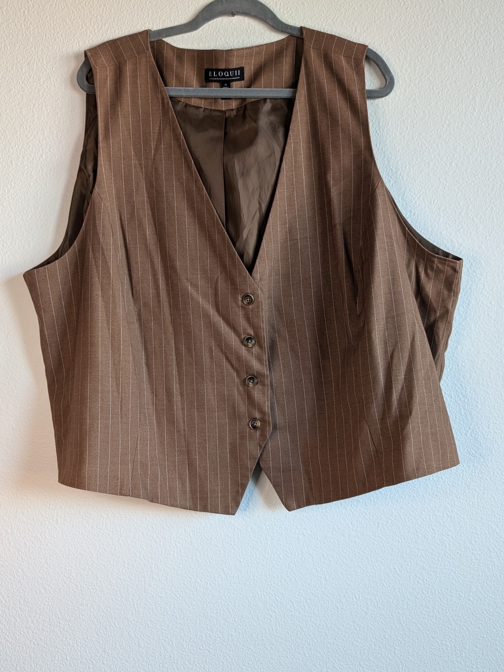 Eloquii Brown Pinstripe V-Neck Button Front Vest - Classic Tailored Style